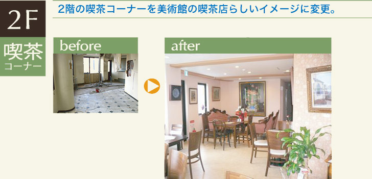 ２階の喫茶コーナーを美術館らしいイメージに変更